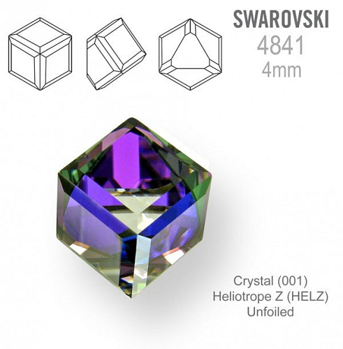 SWAROVSKI 4841 Angled Cube (zkosená kostka) barva Crystal (001) Heliotrope Z (HELZ) Unfoiled velikost 4mm.