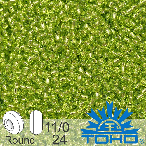 Korálky TOHO tvar ROUND (kulaté). Velikost 11/0. Barva č. 24-Silver-Lined Lime Green . Balení 8g.
