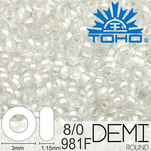 Korálky TOHO Demi Round 8/0. Barva 981F Inside-Color Frosted Crystal/Snow-Lined. Balení 5g