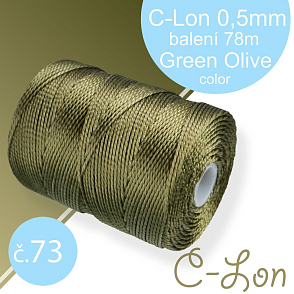 Nylonová nit C-Lon pevná korálková nit. Barva 73 Green Olive. Síla nitě 0,5mm. Balení 78m na cívce.