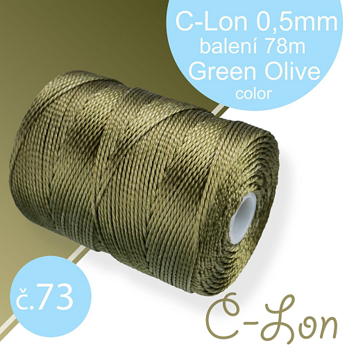 Nylonová nit C-Lon pevná korálková nit. Barva 73 Green Olive. Síla nitě 0,5mm. Balení 78m na cívce.