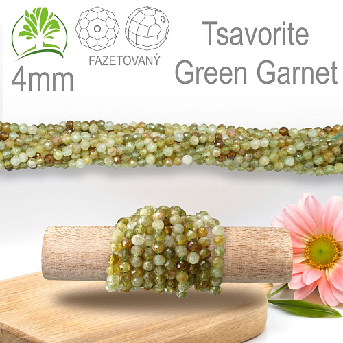 Korálky z minerálů Tsavorite Green Garnet Fazetovaný přírodní polodrahokam. Velikost pr.4mm. Balení 95Ks.