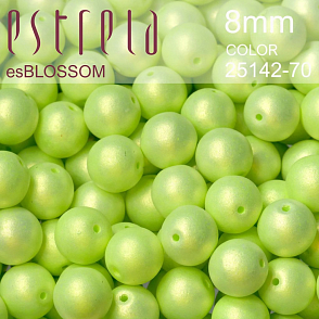 Korálky esBLOSSOM voskované tvar kulatý. Velikost 8mm. Barva 25142-70 (hrášková zelená+listr). Balení 15ks na návleku. 