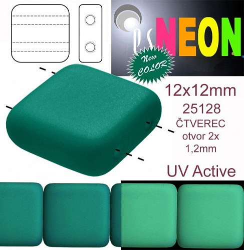 Korálky čtverec 2 otvory NEON (UV Active) velikost 12x12mm barva 25128 zelená smaragdová Balení 7Ks. 