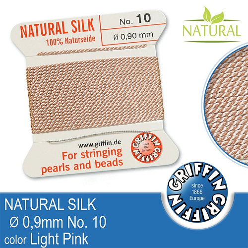 Hedvábná nit s jehlou GRIFFIN síla nitě 0,90mm No.10 délka 2m. Barva Light Pink