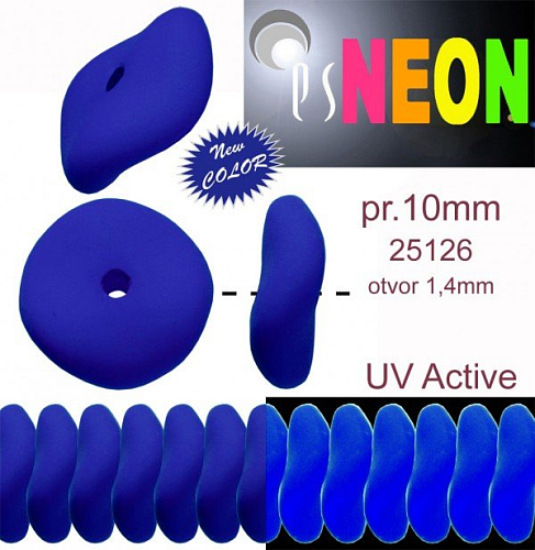 Korálky NEON (UV Active) ROZDĚLOVAČ velikost pr.10mm barva 25126  MODRÁ TMAVÁ. Balení 15Ks. 