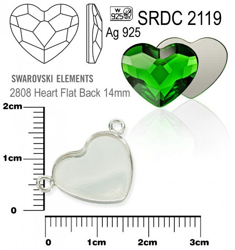 Přívěsek SRDCE s očky na Swarovski 2808 Heart Flat Back 14mm ozn. SRDC 2119. Materiál STŘÍBRO AG925.váha 0,73g.