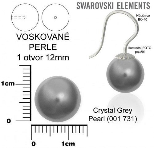 SWAROVSKI 5818 Voskované Perle 1otvor 731 barva CRYSTAL GREY  PEARL velikost 12mm.