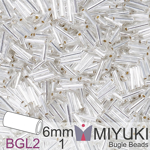 Korálky Miyuki Bugle Bead 6mm. Barva BGL2-001 Silverlined Crystal. Balení 10g.