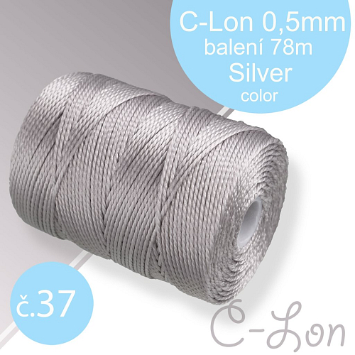 Nylonová nit C-Lon pevná korálková nit. Barva 37 Silver. Síla nitě 0,5mm. Balení 78m na cívce.