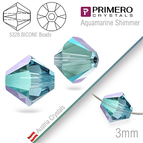 Korálky PRIMERO Crystals . Tvar 5328 Bicone BEADS. Barva Aquamarine Shimmer. Velikost 3mm balení-25Ks.