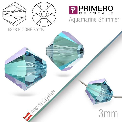 Korálky PRIMERO Crystals . Tvar 5328 Bicone BEADS. Barva Aquamarine Shimmer. Velikost 3mm balení-25Ks.