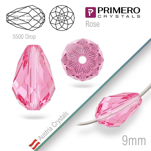 Korálky PRIMERO Crystals . Tvar 5500 Drop. Barva Rose. Velikost 9mm