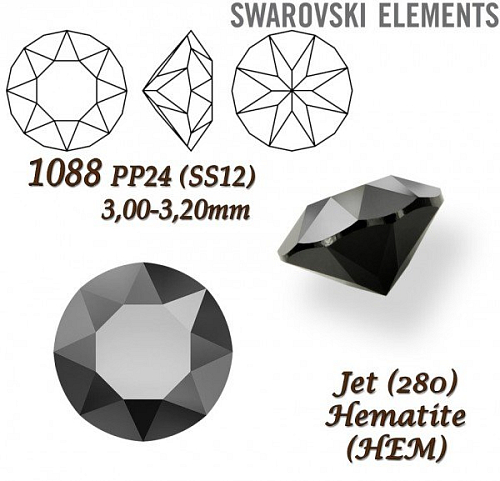SWAROVSKI ELEMENTS 1088 XIRIUS Chaton PP24 (SS12) 3,00-3,20mm barva JET (280) Hematite (HEM). 