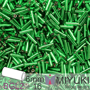 Korálky Miyuki Bugle Bead 6mm. Barva BGL2-16 Silverlined Green. Balení 10g.