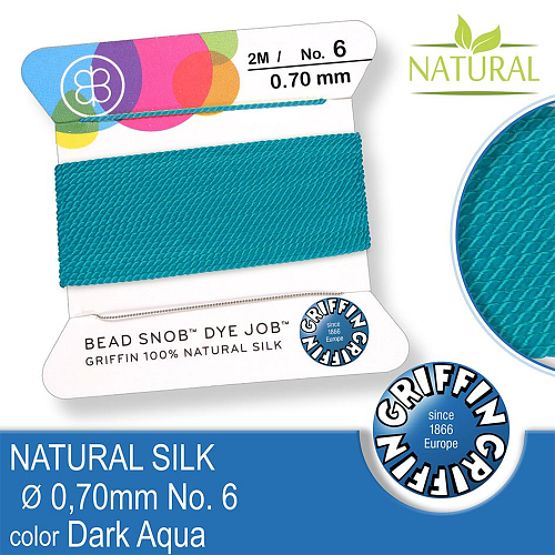 Hedvábná nit s jehlou GRIFFIN síla nitě 0,7mm No.6 délka 2m. Barva Dark Aqua.