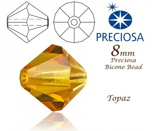 PRECIOSA Bicone MC BEAD (sluníčko) velikost 8mm. Barva TOPAZ. 