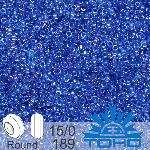 Korálky TOHO tvar ROUND (kulaté). Velikost 15/0. Barva č.189- Inside-Color Luster Crystal/Caribean Blue Lined. Balení 5g.