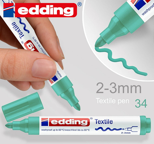 Permanentní textilní popisovač EDDING. Šířka 2-3mm odstín č.34 Bledě zelená