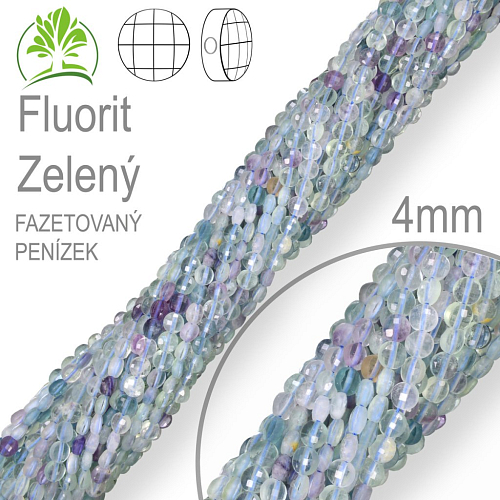 Korálky z minerálů Fluorit Zelený přírodní polodrahokam. Velikost pr.4mm tl. 2,5mm tvar penízek z čelních stran fazetovaný. Balení 108Ks