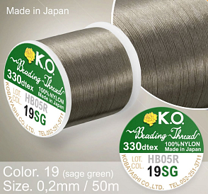 Nylonová nit značky K.O. Barva č. 19 sage green. Materiál 330DTEX (0,2mm). Balení 50m. 