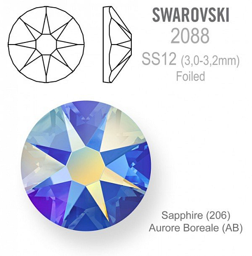 SWAROVSKI 2088 XIRIUS FOILED velikost SS12 barva Sapphire Aurore Boreale 