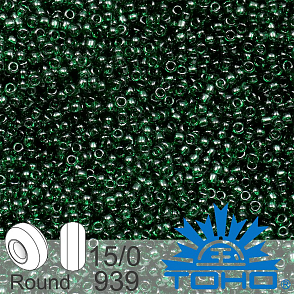 Korálky TOHO tvar ROUND (kulaté). Velikost 15/0. Barva č. 939 Transparent Green Emerald. Balení 5g.