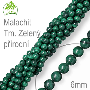 Korálky z minerálů Malachit Tm. Zelený přírodní polodrahokam. Velikost pr.6mm. Balení 12Ks.