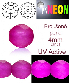 Korálky NEON (UV Active) BROUŠENÉ velikost pr.4mm barva 25125 FIALOVÁ mírně průhledná. Balení 21Ks. 