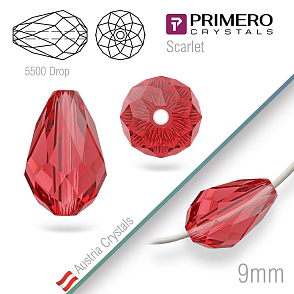 Korálky PRIMERO Crystals . Tvar 5500 Drop. Barva Scarlet. Velikost 9mm