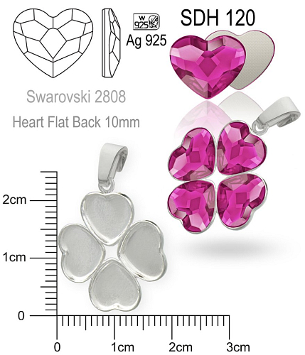 Přívěsek Čtyřlístek na Swarovski 2808 Heart Flat Back 10mm ozn. SDH 120. Materiál STŘÍBRO AG925.váha 1,18g.