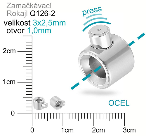Zamačkávací ROKAJL ozn. Q126-2. Velikost 3x2,5mm otvor 1,0mm. Materiál Ocel.