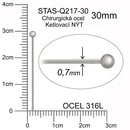 Ketlovací NÝT s KULIČKOU CHIRURGICKÁ OCEL ozn.-STAS-Q217-30. velikost 30mm.Průměr drátu 0,7mm.