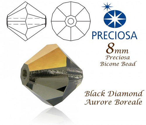 PRECIOSA Bicone MC BEAD (sluníčko) velikost 8mm. Barva BLACK DIAMOND Aurore Boreale. Balení 15ks .