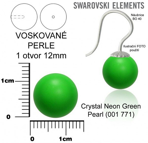 SWAROVSKI 5818 Voskované Perle 1otvor barva CRYSTAL NEON GREEN  PEARL velikost 12mm. 