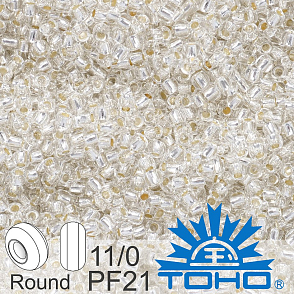 Korálky TOHO tvar ROUND (kulaté). Velikost 11/0. Barva č.PF21-Permanent Finish - Silver-Lined Crystal. Balení 8g