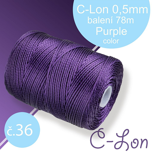 Nylonová nit C-Lon pevná korálková nit. Barva 36 Purple. Síla nitě 0,5mm. Balení 78m na cívce.