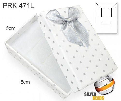 Krabička na šperky. Materiál papír +okrasná stužka. Ozn. PRK 471L. Barva BÍLÁ+šedý puntík.