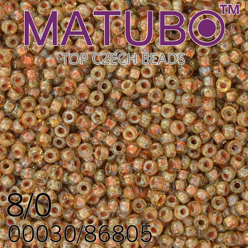 Korálky MATUBO™ mačkané rokajlové korálky. Velikost 8/0 (3,1mm). Barva 00030/86805 KRYSTAL dekor TRAVERTIN SILNÝ. Balení 10g