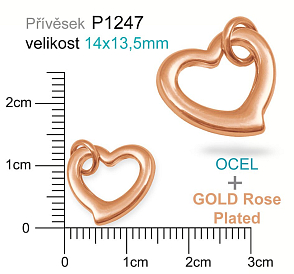 Přívěsek Ocel ozn-P1246 SRDCE s kroužkem velikost 14x13,5mm. Barva Real GOLD Rose Plated.  Řada přívěsků ProfiLUX