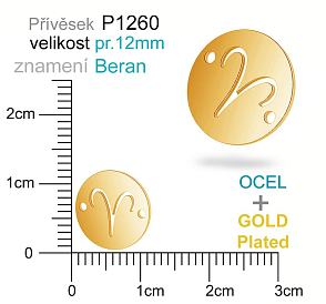 Přívěsek Ocel ozn-P1260 znamení BERAN 2x otvor velikost pr.12mm. Barva POZLACENO. Řada přívěsků ProfiLUX