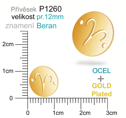 Přívěsek Ocel ozn-P1260 znamení BERAN 2x otvor velikost pr.12mm. Barva POZLACENO. Řada přívěsků ProfiLUX