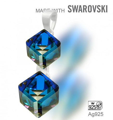 Přívěsek Made with Swarovski 4841 Crystal (001) Bermuda Blue (BB) 6 a 8mm+šlupna Ag925