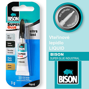 Vteřinové lepidlo BISON Liquid. Určené pro lepení kov, guma, porcelán , plasty, dřevo. Balení 3g.