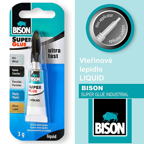 Vteřinové lepidlo BISON Liquid. Určené pro lepení kov, guma, porcelán , plasty, dřevo. Balení 3g.
