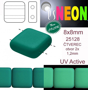 Korálky čtverec 2 otvory NEON (UV Active) velikost 8x8mm barva 25128 zelená smaragdová Balení 15Ks. 