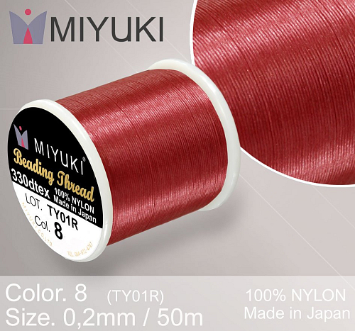 Nylonová nit značky MIYUKI. Barva č. 8 Red. Materiál 330DTEX (0,2mm). Balení 50m.