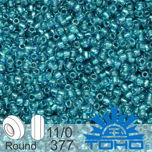 Korálky TOHO tvar ROUND (kulaté). Velikost 11/0. Barva č. 377-Inside-Color Lt Sapphire/Metallic Teal Lined . Balení 8g.