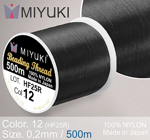 Nylonová nit značky MIYUKI. Barva č.500-12 Black. Materiál 330DTEX (0,2mm). Výhodné balení 500m.