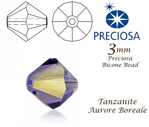 PRECIOSA Bicone (sluníčko) velikost 3mm. Barva TANZANITE Aurore Boreale. Balení 42ks .